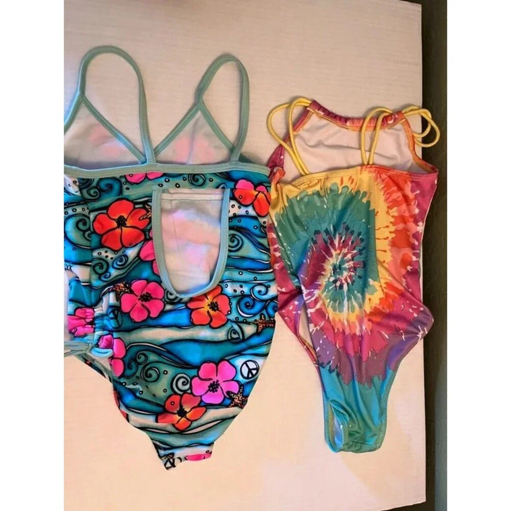 Two Girl's One Piece Swimsuits Sz 6x & 7/8 Joe Boxer, Tie Dye